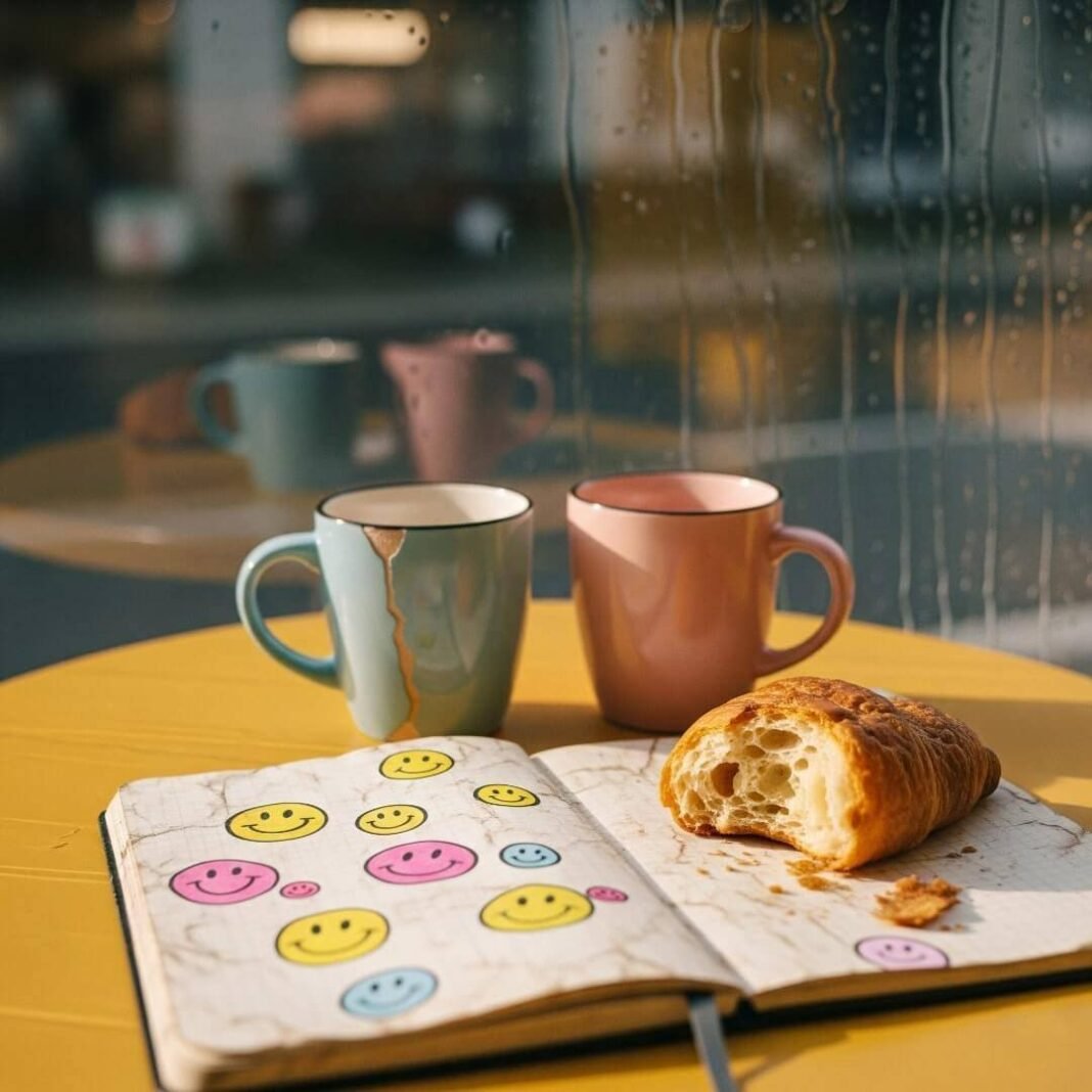 A blurry phone photo of a coffee shop table with chipped mugs, a stained notebook with smiley doodles, a crumbling croissant, and a rainy window. A blurry phone photo of a coffee shop table with chipped mugs, a stained notebook with smiley doodles, a crumbling croissant, and a rainy window.