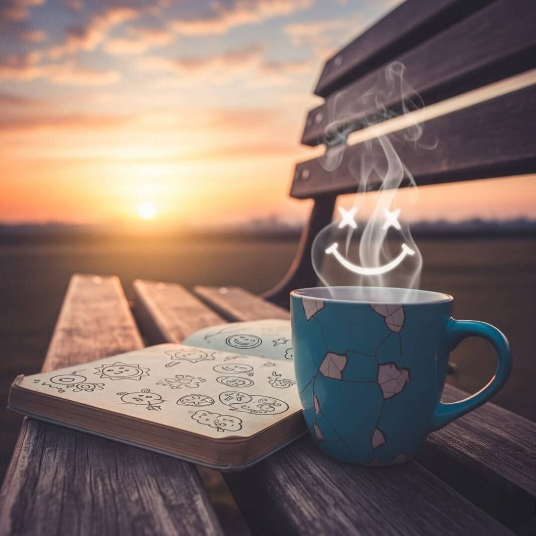 A beat-up notebook with doodles, a chipped mug with smiley steam, and a sunrise over a park bench.