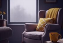 Is Mental Health Therapy Right for You? Everything You Need to Know A blurred therapist's office with a faded armchair, chipped yellow mug, and a red mitten on the floor. Rain streaks the window.