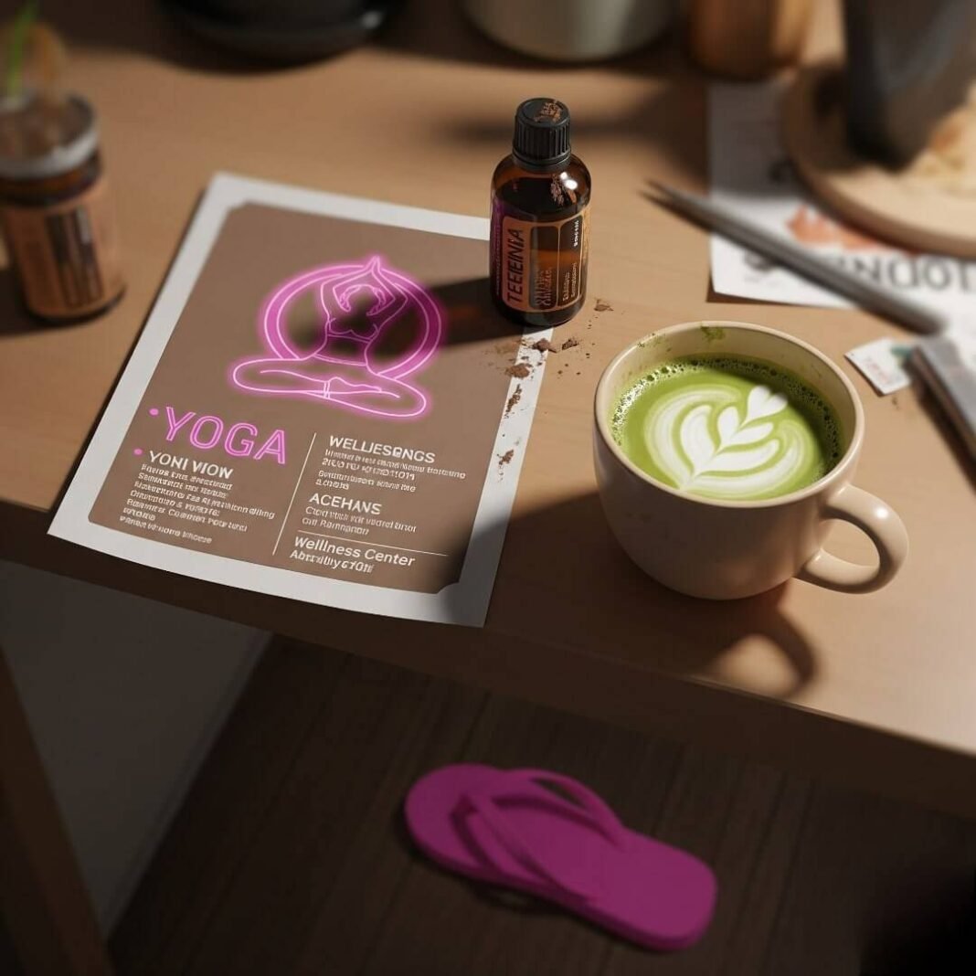 A cluttered desk with a matcha latte, yoga flyer, essential oil bottle, and a pink flip-flop.