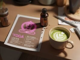Wellness Centers Near You: Your Guide to Finding the Best One A cluttered desk with a matcha latte, yoga flyer, essential oil bottle, and a pink flip-flop.