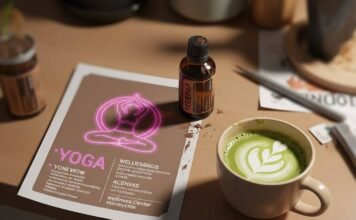 Wellness Centers Near You: Your Guide to Finding the Best One A cluttered desk with a matcha latte, yoga flyer, essential oil bottle, and a pink flip-flop.
