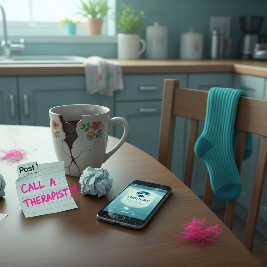 A chipped mug, a "Call therapist!!" note, a cracked phone, and a mismatched sock on a kitchen table.