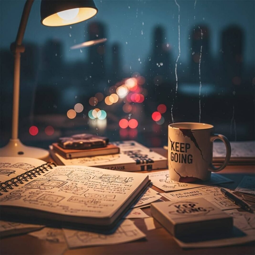 A blurry, photorealistic image of a messy desk with a doodle-filled notebook, a chipped "Keep Going" mug, and a city skyline visible through a streaky window.