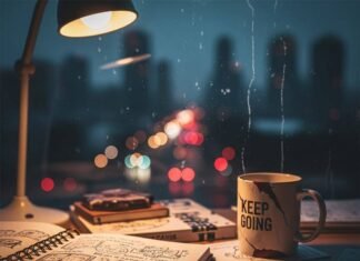 Why Mental Health Education is Critical for Our Future—A Deep Dive A blurry, photorealistic image of a messy desk with a doodle-filled notebook, a chipped "Keep Going" mug, and a city skyline visible through a streaky window.