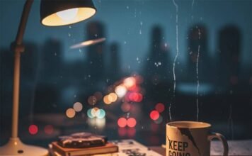 Why Mental Health Education is Critical for Our Future—A Deep Dive A blurry, photorealistic image of a messy desk with a doodle-filled notebook, a chipped "Keep Going" mug, and a city skyline visible through a streaky window.