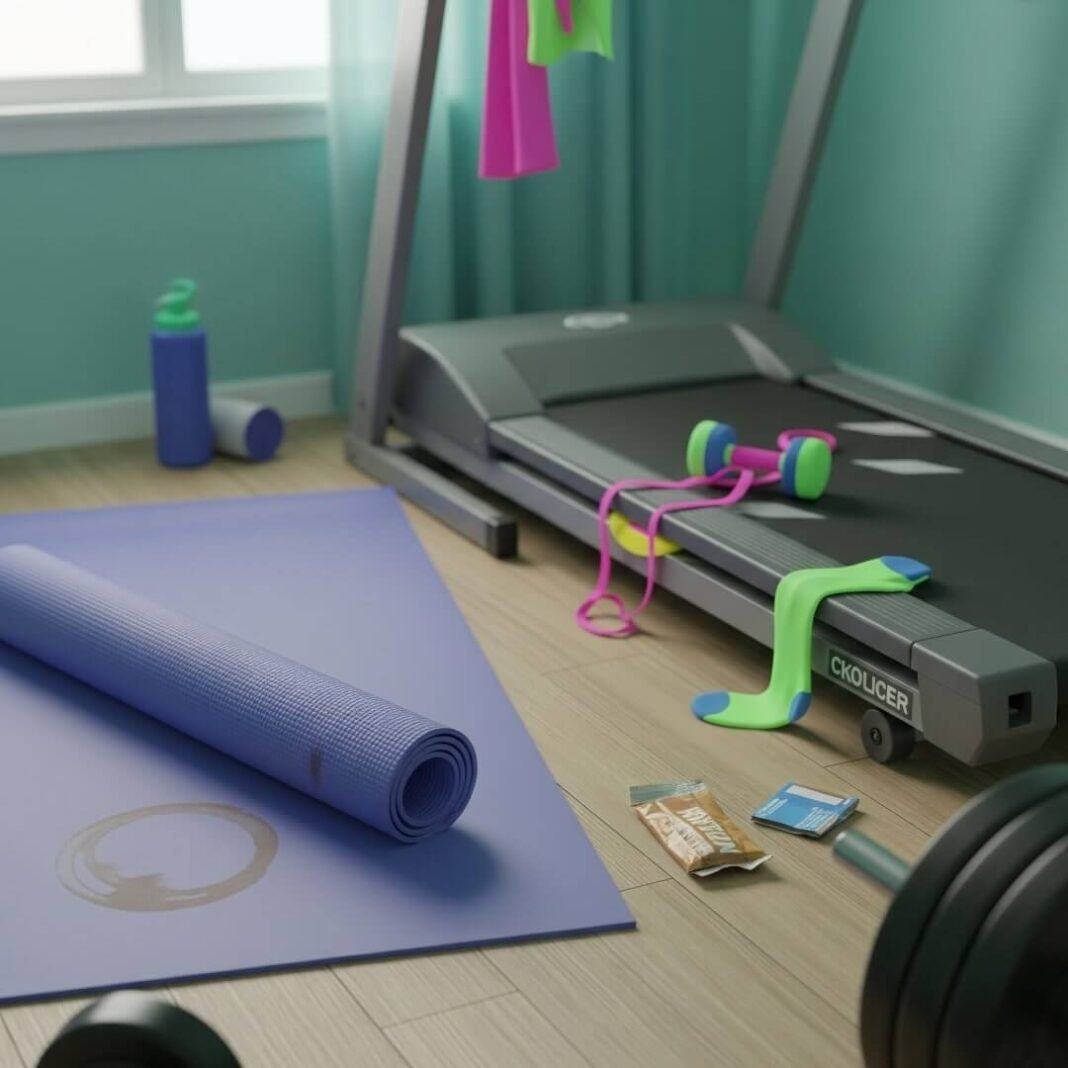 A slightly blurred image of a messy home gym with a frayed yoga mat, coffee ring, protein bar wrapper, and a sock under the treadmill.