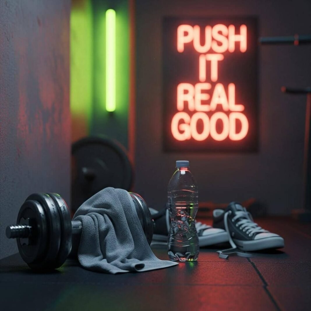 A blurry gym corner with a sweaty towel on a dumbbell, a water bottle, mismatched sneakers, and a neon sign saying "Push It Real Good."