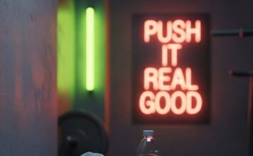 Top Fitness Classes Near Me: Boost Your Health with These Popular Options A blurry gym corner with a sweaty towel on a dumbbell, a water bottle, mismatched sneakers, and a neon sign saying "Push It Real Good."