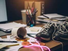 Fitness Tips for Busy People: 10 Ways to Stay Active in a Hectic Schedule A blurry photo of a messy desk with a spilled coffee mug, tangled running shoes, and a glowing neon-pink resistance band.