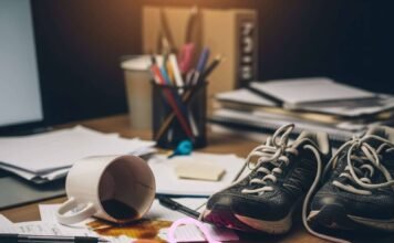 Fitness Tips for Busy People: 10 Ways to Stay Active in a Hectic Schedule A blurry photo of a messy desk with a spilled coffee mug, tangled running shoes, and a glowing neon-pink resistance band.