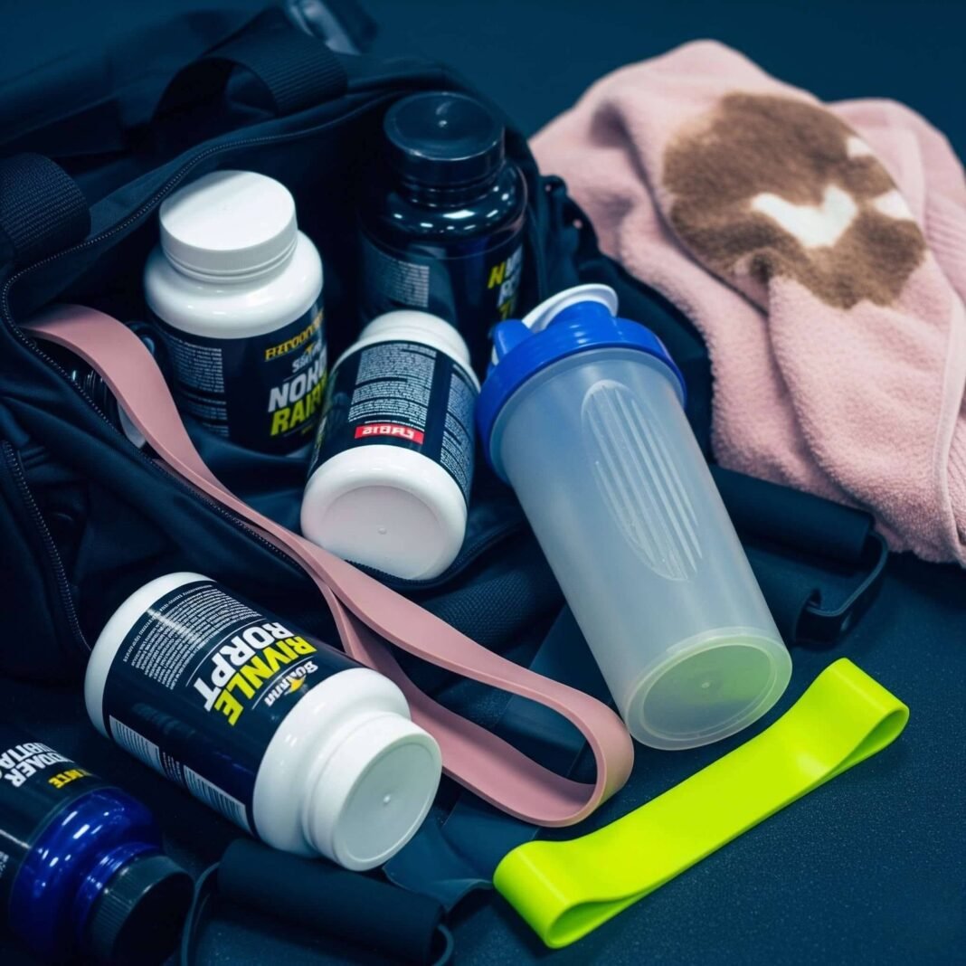 A gym bag spills supplement bottles, a shaker, and a resistance band, with a coffee-stained towel in the background.