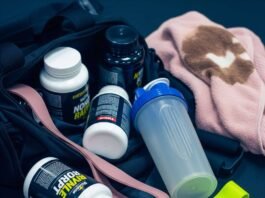 Fitness Supplements Near Me Can Help You Reach Your Goals Faster A gym bag spills supplement bottles, a shaker, and a resistance band, with a coffee-stained towel in the background.