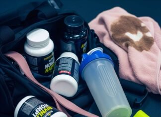 Fitness Supplements Near Me Can Help You Reach Your Goals Faster A gym bag spills supplement bottles, a shaker, and a resistance band, with a coffee-stained towel in the background.