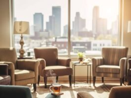 Women’s Wellness Centers: Your Path to Health and Happiness A warm, slightly blurred photorealistic shot of a wellness center waiting room, with mismatched armchairs, a steaming mug, and a cityscape through a window. Sticky notes on books add a quirky touch.