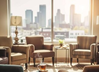 Women’s Wellness Centers: Your Path to Health and Happiness A warm, slightly blurred photorealistic shot of a wellness center waiting room, with mismatched armchairs, a steaming mug, and a cityscape through a window. Sticky notes on books add a quirky touch.