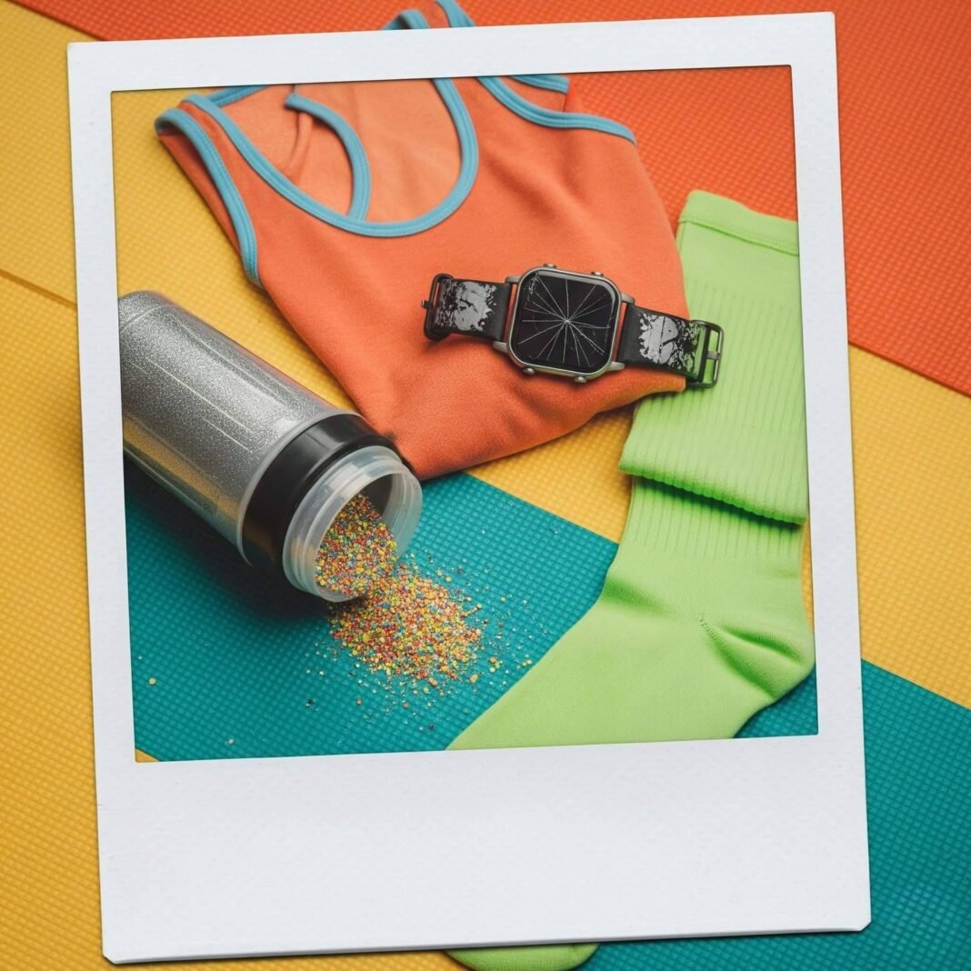 A vintage Polaroid of a mismatched gym outfit with a stretched tank top, neon socks, a cracked smartwatch, and a spilled glittery protein shake.