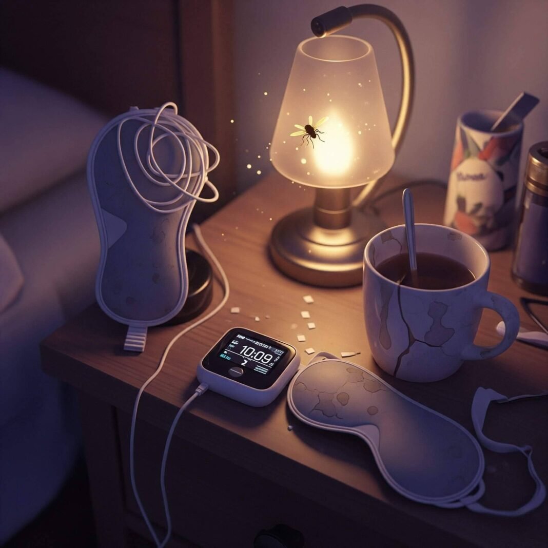 A blurry, high-resolution shot of a cluttered nightstand with a flickering sleep tracker, tangled sleep mask, chipped mug with tea stains, and a firefly near a lamp, in muted purples, grays, and gold.
