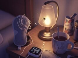 Sleep Disorders and Their Impact on Mental Health A blurry, high-resolution shot of a cluttered nightstand with a flickering sleep tracker, tangled sleep mask, chipped mug with tea stains, and a firefly near a lamp, in muted purples, grays, and gold.