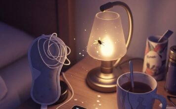 Sleep Disorders and Their Impact on Mental Health A blurry, high-resolution shot of a cluttered nightstand with a flickering sleep tracker, tangled sleep mask, chipped mug with tea stains, and a firefly near a lamp, in muted purples, grays, and gold.
