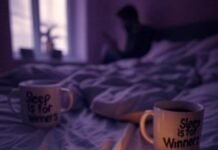 Sleep Disorder Advocacy: Helping Millions Sleep Better A blurry, low-angle shot of a kitchen at 4 a.m. with a burnt popcorn bag, a firefly near a flickering lamp, and a person slumped over a table.