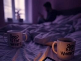 Sleep Disorder Advocacy: Helping Millions Sleep Better A blurry, low-angle shot of a kitchen at 4 a.m. with a burnt popcorn bag, a firefly near a flickering lamp, and a person slumped over a table.