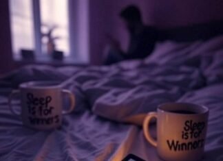 Sleep Disorder Advocacy: Helping Millions Sleep Better A blurry, low-angle shot of a kitchen at 4 a.m. with a burnt popcorn bag, a firefly near a flickering lamp, and a person slumped over a table.