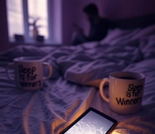 Sleep Disorder Advocacy: Helping Millions Sleep Better A blurry, low-angle shot of a kitchen at 4 a.m. with a burnt popcorn bag, a firefly near a flickering lamp, and a person slumped over a table.