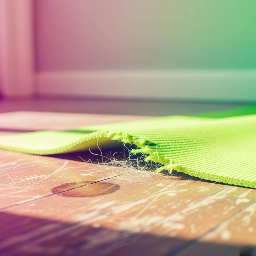 A close-up of a torn green mat on a wooden floor, with pet hair and scratches visible.