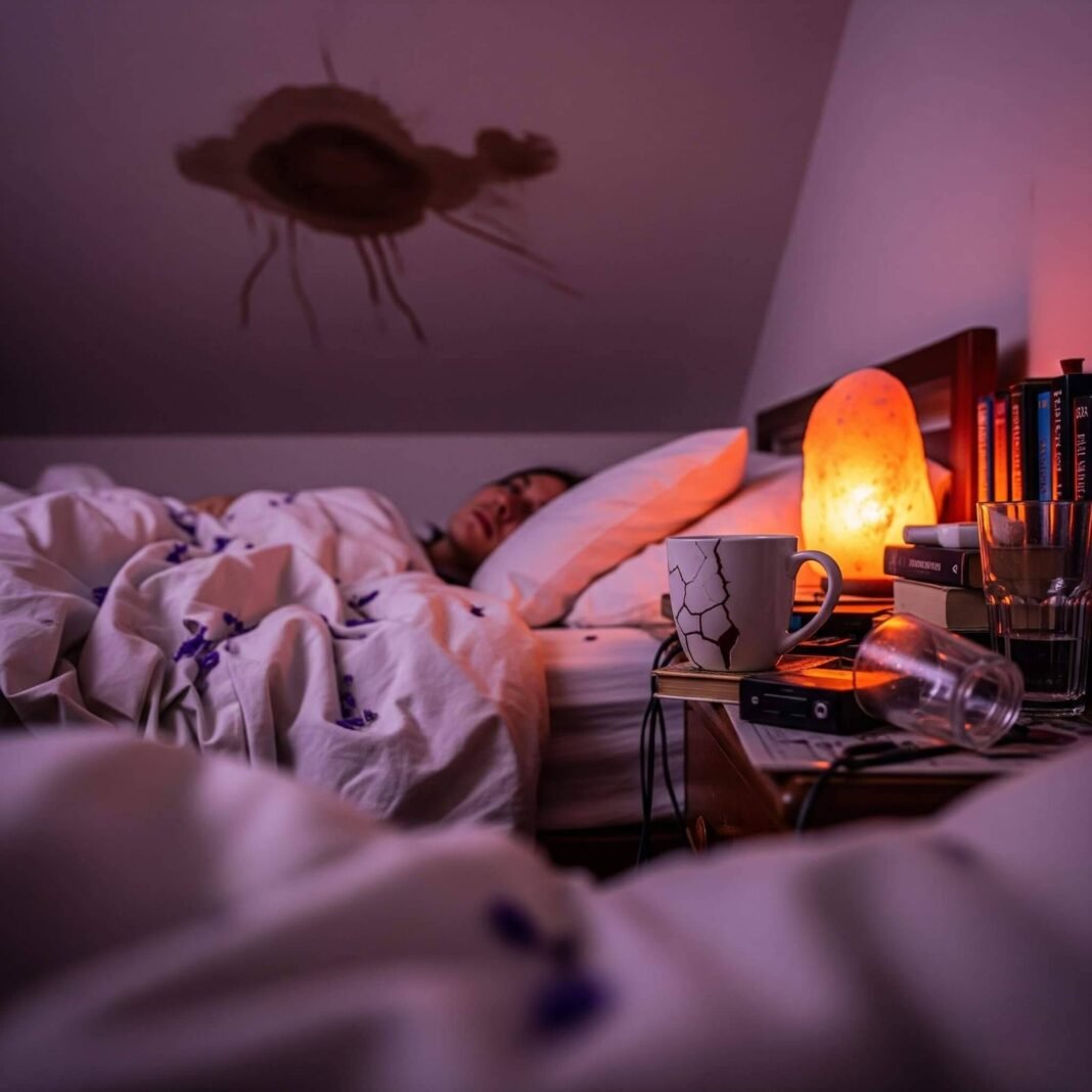 A blurry, first-person shot of a person in bed, staring at a ceiling with a stain, with a salt lamp and scattered lavender petals.