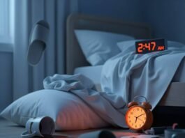 Sleep Disorder Awareness: Spot Symptoms and Get Help Fast A messy bedroom at 2:47 AM with a glowing orange alarm clock, crumpled sheets, a spilled coffee mug, and an upside-down slipper.
