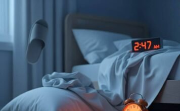 Sleep Disorder Awareness: Spot Symptoms and Get Help Fast A messy bedroom at 2:47 AM with a glowing orange alarm clock, crumpled sheets, a spilled coffee mug, and an upside-down slipper.