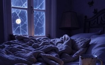 Why Sleep Clinics Near You Are a Game-Changer Cozy bedroom at night with snowy window, messy bed, phone, mug, and scattered papers lit by a small lamp. Caption: "Late-night chaos."