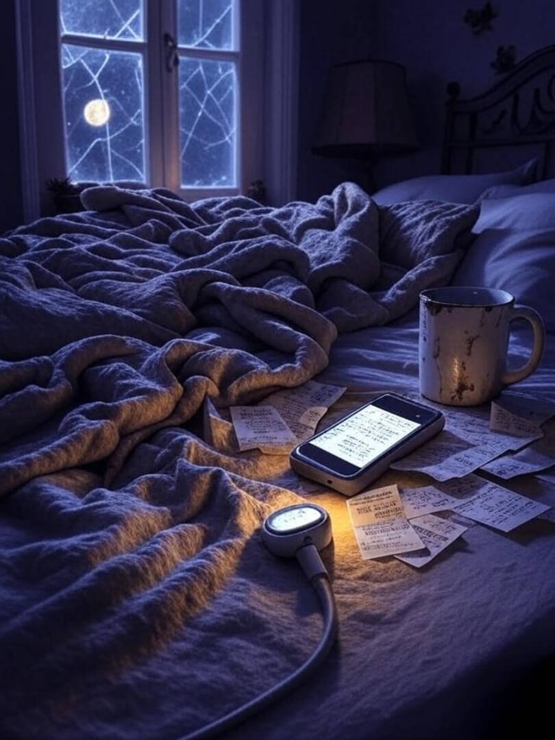 Cozy bedroom at night with snowy window, messy bed, phone, mug, and scattered papers lit by a small lamp. Caption: "Late-night chaos." Cozy bedroom at night with snowy window, messy bed, phone, mug, and scattered papers lit by a small lamp. Caption: "Late-night chaos."