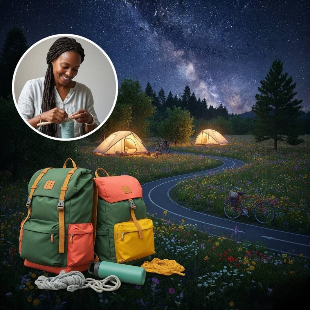 Solar-powered campsite at night with glowing tents, a weaver, and scattered gear.