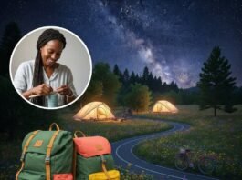 How Sustainable Tourism is Changing the Way We Travel in 2025 Solar-powered campsite at night with glowing tents, a weaver, and scattered gear.