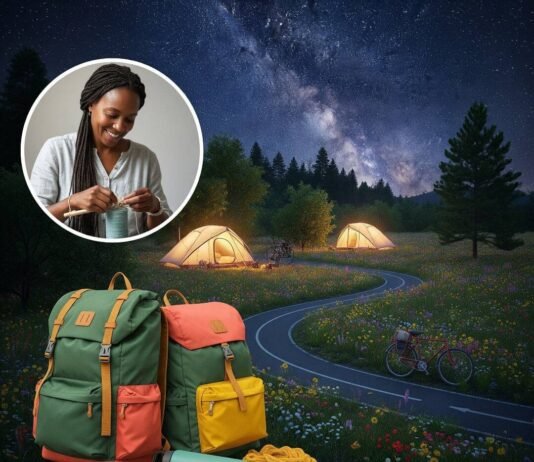 How Sustainable Tourism is Changing the Way We Travel in 2025 Solar-powered campsite at night with glowing tents, a weaver, and scattered gear.