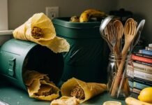 Sustainable Transportation – How to Reduce Your Carbon Footprint on the Road A cluttered kitchen counter with unraveling beeswax wraps, a compost bin, a cracked mason jar with utensils, and a neon orange sock.
