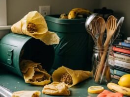 Sustainable Transportation – How to Reduce Your Carbon Footprint on the Road A cluttered kitchen counter with unraveling beeswax wraps, a compost bin, a cracked mason jar with utensils, and a neon orange sock.