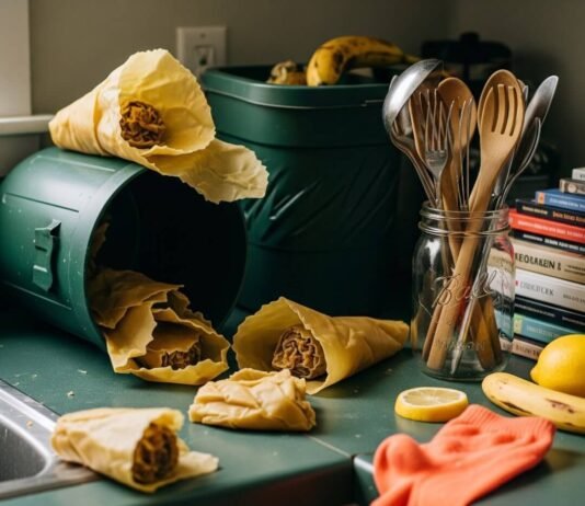 Sustainable Transportation – How to Reduce Your Carbon Footprint on the Road A cluttered kitchen counter with unraveling beeswax wraps, a compost bin, a cracked mason jar with utensils, and a neon orange sock.