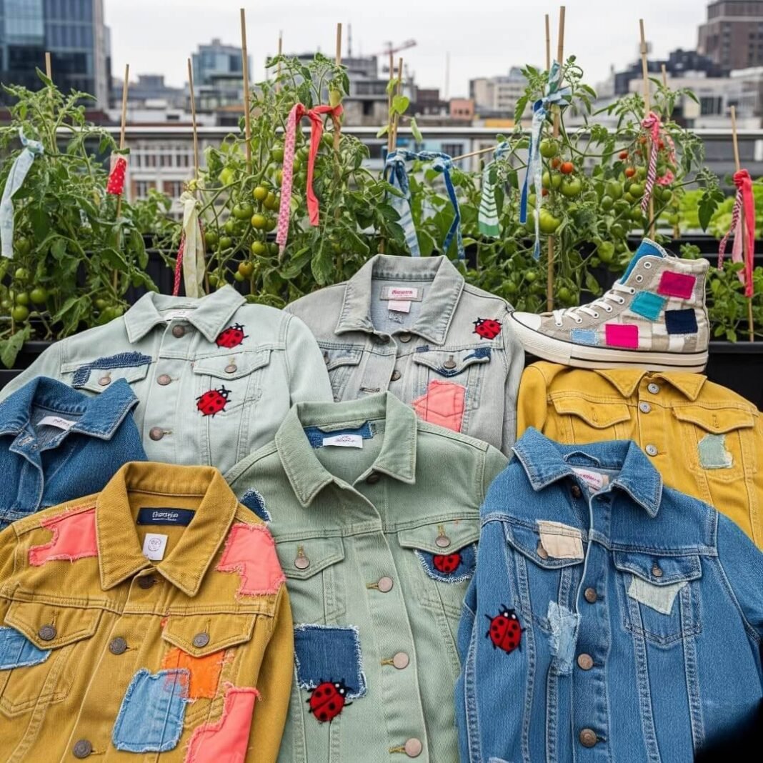 A blurred, shaky-hand photo shows a pile of thrifted denim jackets with messy stitches and embroidered ladybugs, alongside a city rooftop garden with fabric-tied tomato plants and a beat-up, patched sneaker.