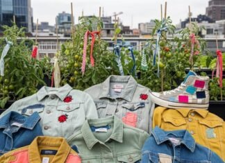 Sustainable Fashion in 2025: Why It’s the Future of Style A blurred, shaky-hand photo shows a pile of thrifted denim jackets with messy stitches and embroidered ladybugs, alongside a city rooftop garden with fabric-tied tomato plants and a beat-up, patched sneaker.