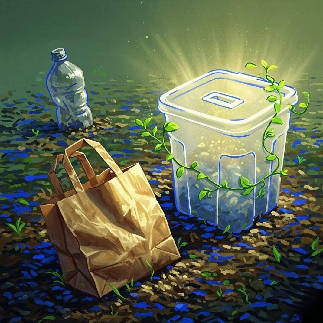 A crumpled biodegradable bag, a glowing compostable container with vines, and a fading plastic bottle on vibrant soil.