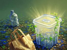 Sustainable Packaging: The Future of Eco-Friendly Solutions for a Greener Planet A crumpled biodegradable bag, a glowing compostable container with vines, and a fading plastic bottle on vibrant soil.