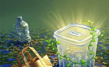 Sustainable Packaging: The Future of Eco-Friendly Solutions for a Greener Planet A crumpled biodegradable bag, a glowing compostable container with vines, and a fading plastic bottle on vibrant soil.