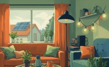 Top 5 Sustainable Home Trends for 2025 That Will Save You Money A whimsical living room digital painting with a bicycle-wheel coffee table, solar panel view, and herb jars, set in a sage, orange, and indigo palette.