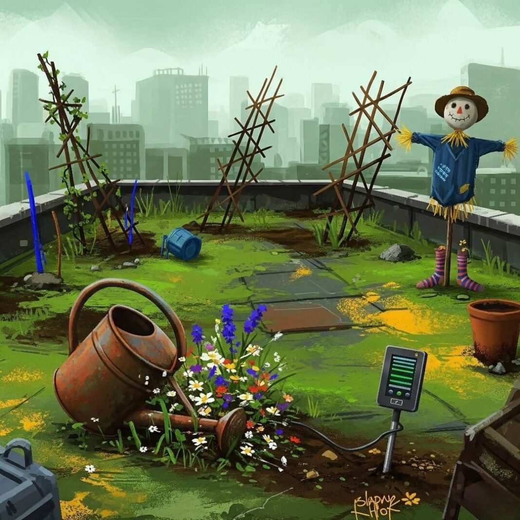 A colorful, quirky rooftop garden with wildflowers, crooked trellises, a soil sensor, and a scarecrow.