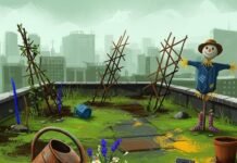 Sustainable Agriculture: 7 Ways It’s Transforming the Food Industry A colorful, quirky rooftop garden with wildflowers, crooked trellises, a soil sensor, and a scarecrow.