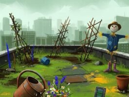 Sustainable Agriculture: 7 Ways It’s Transforming the Food Industry A colorful, quirky rooftop garden with wildflowers, crooked trellises, a soil sensor, and a scarecrow.