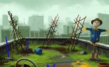 Sustainable Agriculture: 7 Ways It’s Transforming the Food Industry A colorful, quirky rooftop garden with wildflowers, crooked trellises, a soil sensor, and a scarecrow.